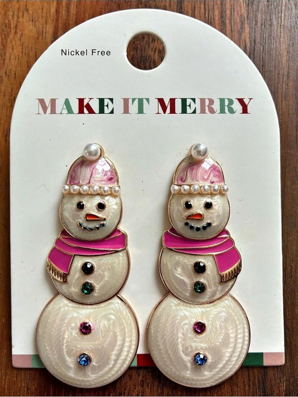 Make It Merry Snowman Drop Earrings in White & Pink NWT Christmas Holiday